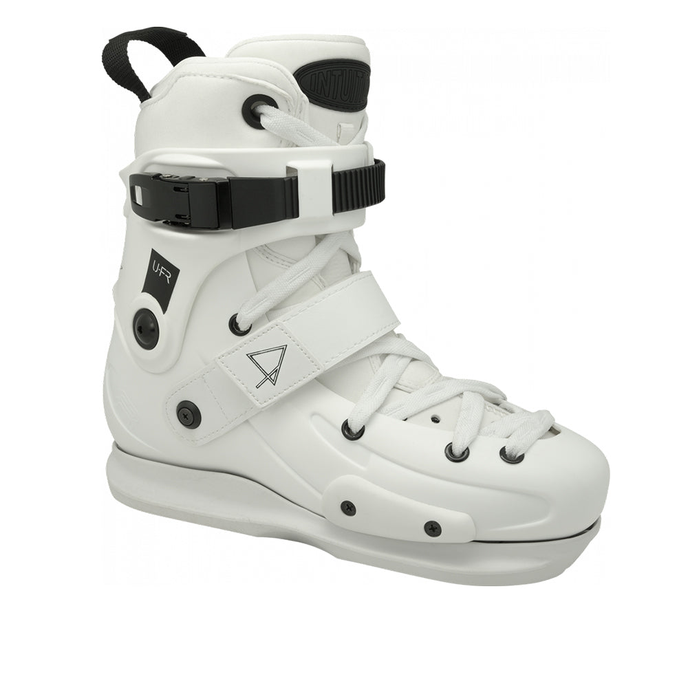 A white aggressive inline skate boot with black buckles and details, designed for street skating.
