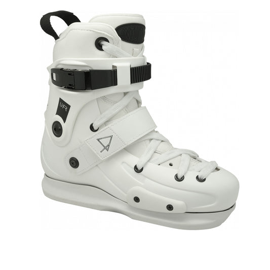 A white aggressive inline skate boot with black buckles and details, designed for street skating.